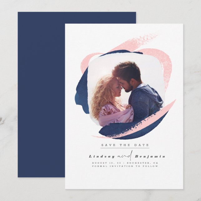 Modern Navy Blue and Pink Save The Date Photo (Front/Back)