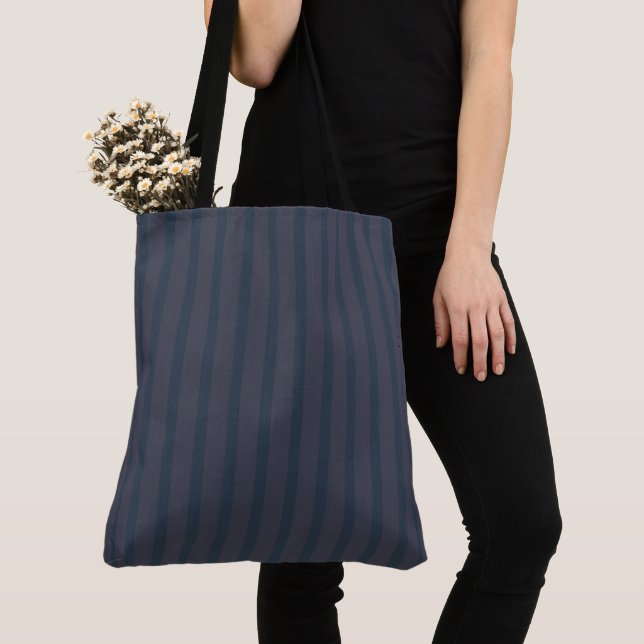 Modern Navy Blue and Plum Striped Tote Bag (Close Up)