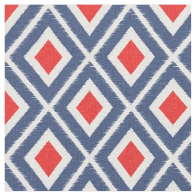 Modern Navy Blue and Red Ikat Pattern Fabric (Close Up)