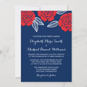 Modern Navy Blue and Red Rose Wedding Invitations