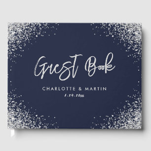 Modern Navy Blue and Silver Glitter Wedding Guest Book