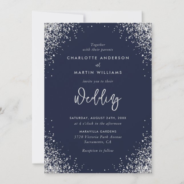 Modern Navy Blue and Silver Glitter Wedding Invitation (Front)