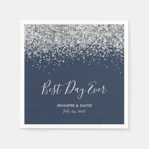 Modern Navy Blue and Silver Glitter Wedding Napkin