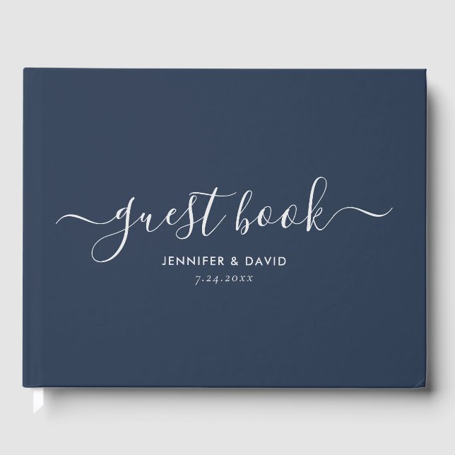 Modern Navy Blue and Silver Script Wedding Guest Book (Front)