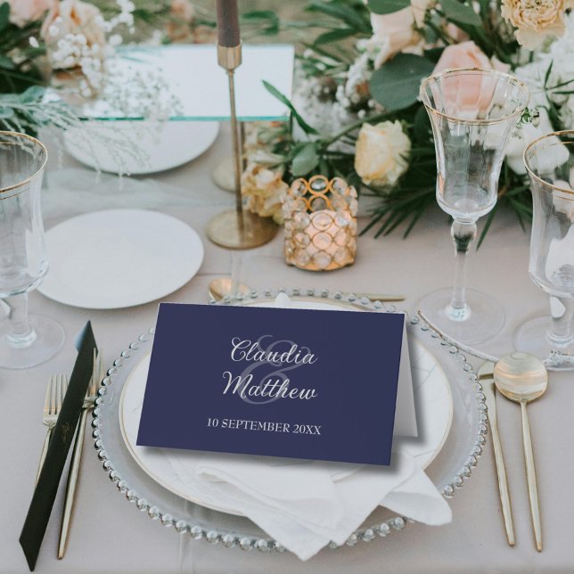 Modern Navy Blue and Silver Script Wedding  Place Card (Modern Navy Blue and Silver Script Wedding Place Card (back))