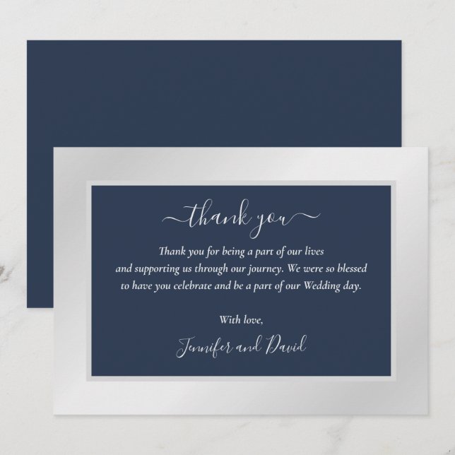 Modern Navy Blue and Silver Thank You Card (Front/Back)