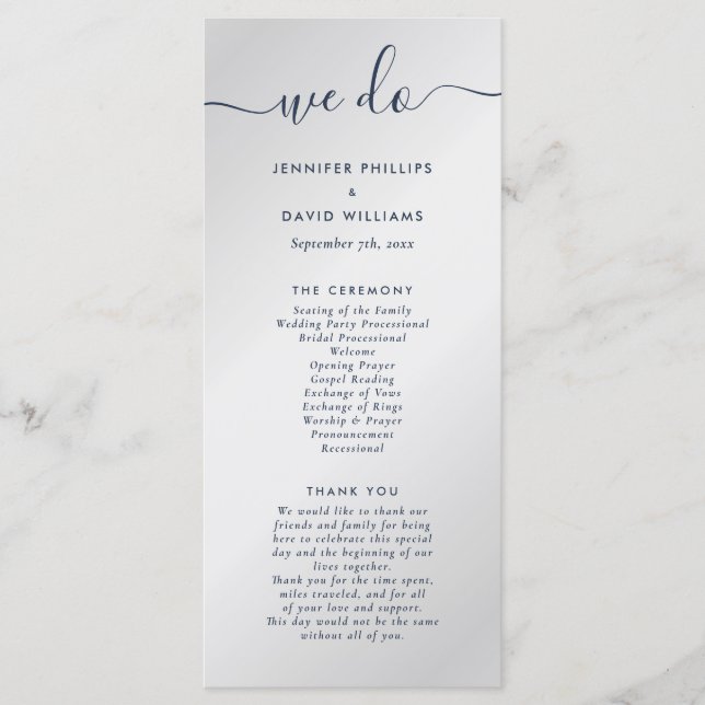 Modern Navy Blue and Silver We Do Wedding Program (Front)