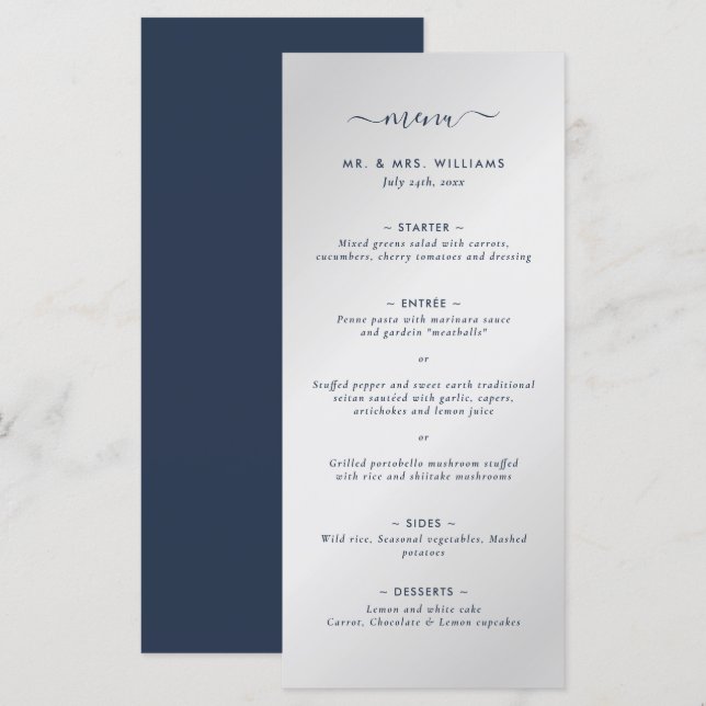 Modern Navy Blue and Silver Wedding Menu (Front/Back)