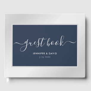 Modern Navy Blue and Silver Wedding Photo Guest Book