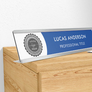 Modern Navy Blue and White - Add Logo, Name, Title Desk Name Plate