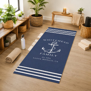 Modern Navy Blue and White Anchor Nautical Family Yoga Mat