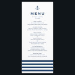 Modern Navy Blue and White Anchor Nautical Wedding Menu<br><div class="desc">Modern and classic menu card perfect for nautical theme weddings and other events. It features a navy blue anchor illustration,  classic typography and stripes pattern. The texts are fully editable. Personalize by adding names,  date,  time and other menu details.</div>