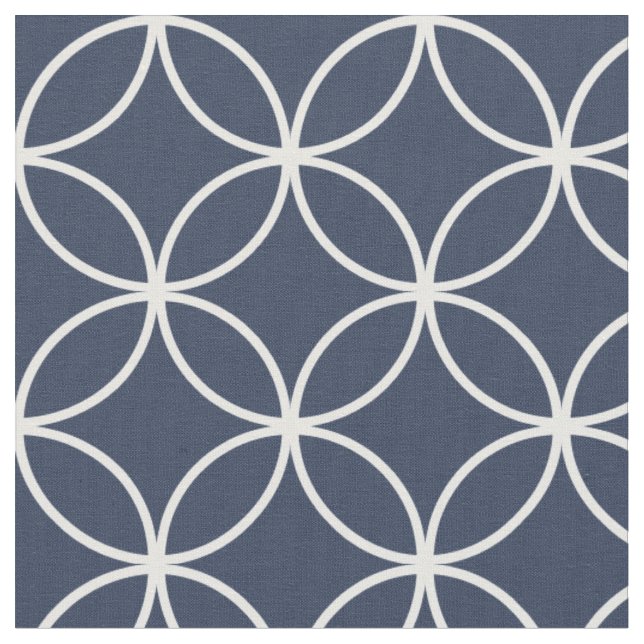 Modern Navy Blue and White Circle Diamond Pattern Fabric (Close Up)
