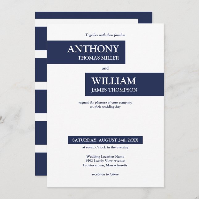 Modern Navy Blue and White Geometric Lines Wedding Invitation (Front/Back)