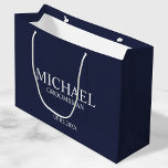 Modern Navy Blue and White Personalized Groomsman Large Gift Bag<br><div class="desc">Modern Personalized Groomsman Gifts
featuring personalized groomsman's name,  title and wedding date in white classic serif font style on navy blue background.

Also perfect for best Man,  father of the bride,  ring bearer and more.</div>