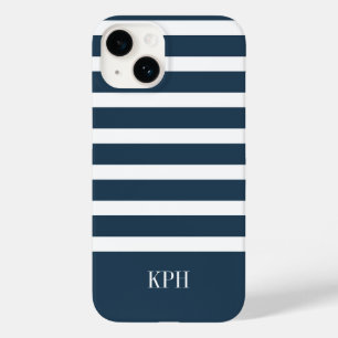 Modern Navy Blue and White Stripe with Monogram  Case-Mate iPhone 14 Case