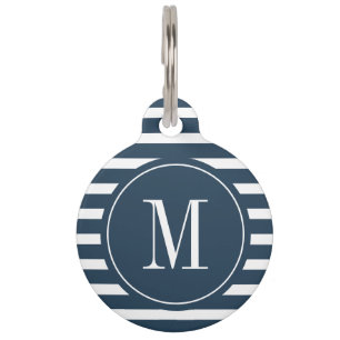 Modern Navy Blue and White Stripe with Monogram  Pet Tag