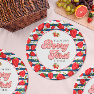 Modern Navy Blue and White Stripes Berry First Paper Plate