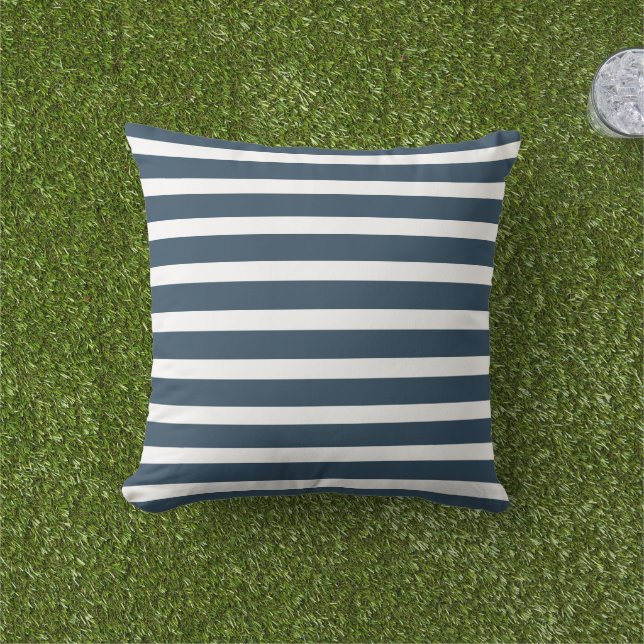 Modern Navy Blue and White Stripes Outdoor Pillow (Grass)