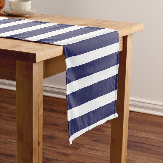 Modern Navy Blue And White Stripes Pattern  Short Table Runner (In Situ)
