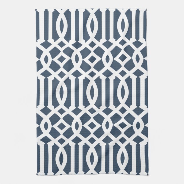 Modern Navy Blue and White Trellis Pattern Kitchen Towel (Vertical)
