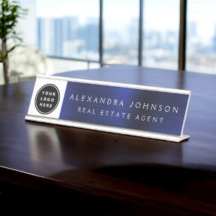Modern Navy Blue and White with Logo, Name, Title Desk Name Plate