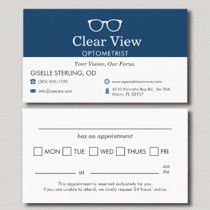 Modern Navy Blue Appointment Reminder Optometrist Card