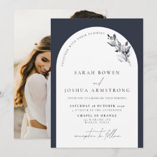 Modern Navy Blue Arch Botanical Photo Wedding Invitation