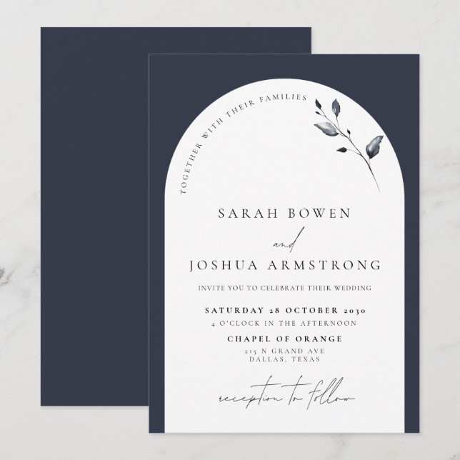 Modern Navy Blue Arch Botanical Script Wedding Invitation (Front/Back)