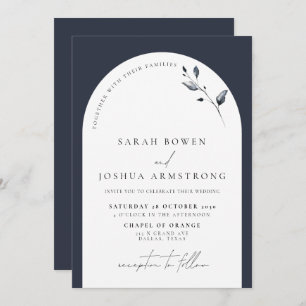 Modern Navy Blue Arch Botanical Script Wedding Invitation