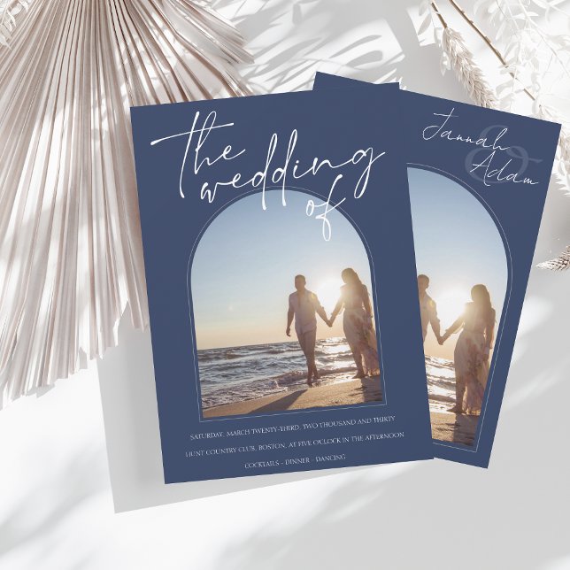 Modern Navy Blue Arch Initial Photo Wedding Invitation (Creator Uploaded)