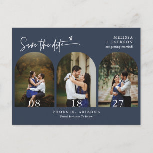 Modern Navy Blue Arch Photo QR Code Save the Date Postcard