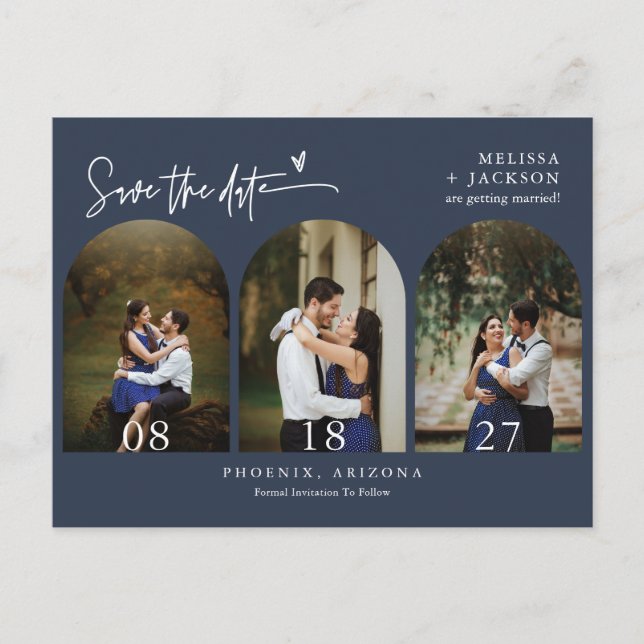 Modern Navy Blue Arch Photo QR Code Save the Date  Postcard (Front)