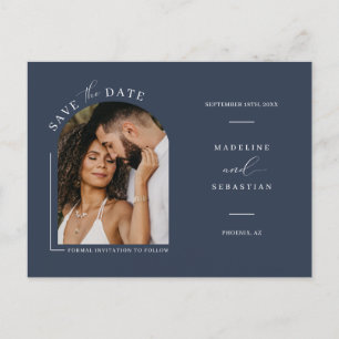 Modern Navy Blue Arch Photo QR Code Save the Date Postcard