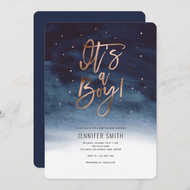 Modern, Navy Blue, Baby Boy Shower Invitation (Front/Back)