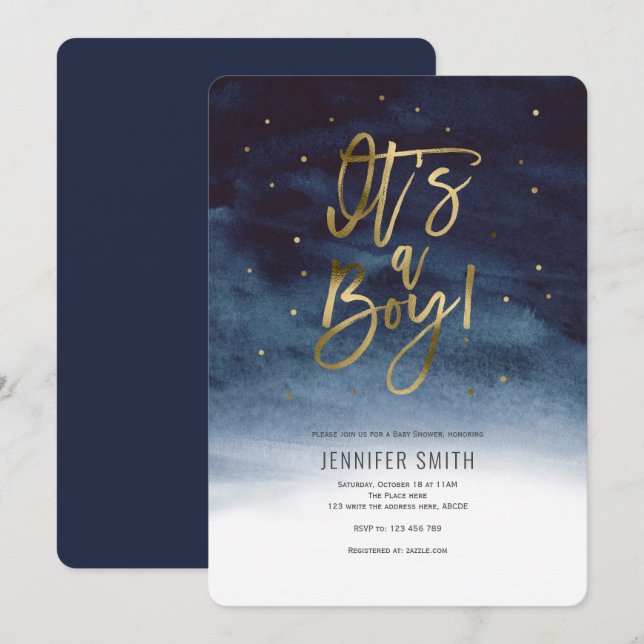 Modern, Navy Blue, Baby Boy Shower Invitation (Front/Back)