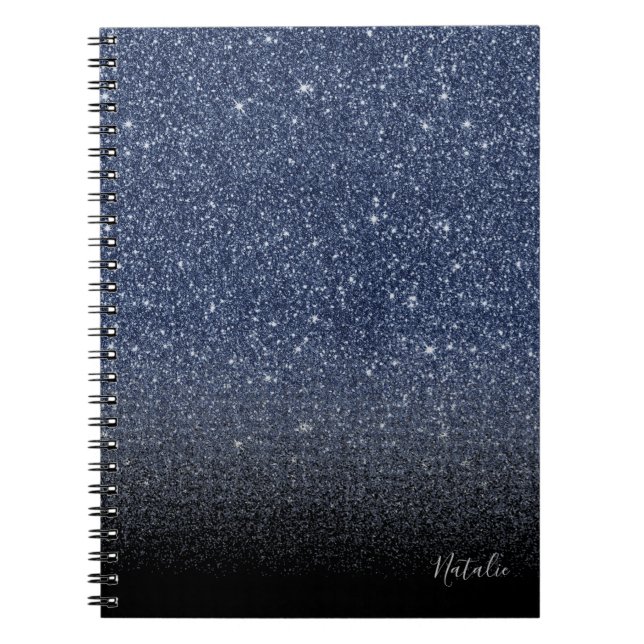 Modern Navy Blue & Black Ombre Glitter with Name Notebook (Front)