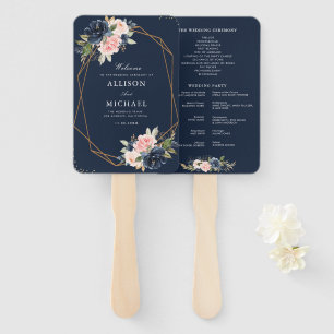 Modern navy blue & bllush pink wedding program hand fan