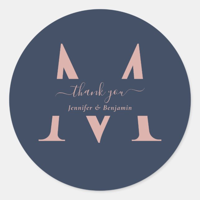 Modern Navy Blue Blush Monogram Wedding Thank You Classic Round Sticker (Front)