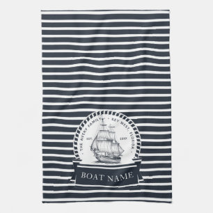 Modern Navy Blue Boat Name Personalized Kitchen Towel