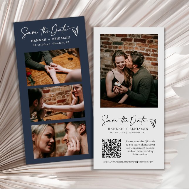 Modern Navy Blue Boho Photo Booth Strip QR Code Save The Date (Creator Uploaded)
