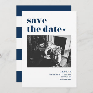 Modern Navy Blue Bold Typography with Heart Photo Save The Date