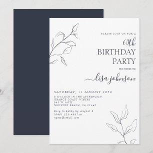 Modern Navy Blue Botanical 60th Birthday Invitation
