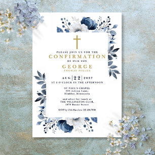 Modern Navy Blue Botanical Floral Confirmation Invitation