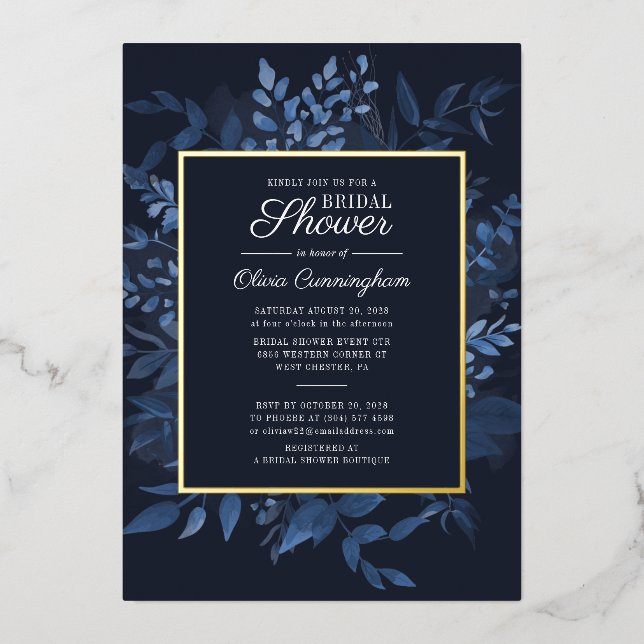 Modern Navy Blue Botanical Foliage Bridal Shower (Front)