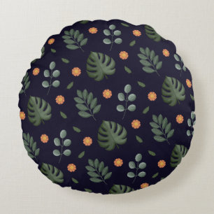 Modern Navy Blue Botanical Leaf Round Pillow
