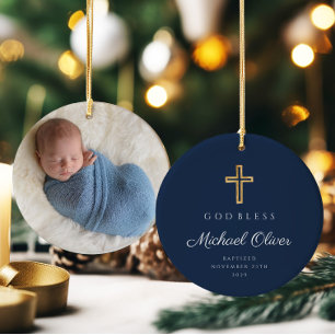 Modern Navy Blue Boy Baptism Photo Ceramic Ornament