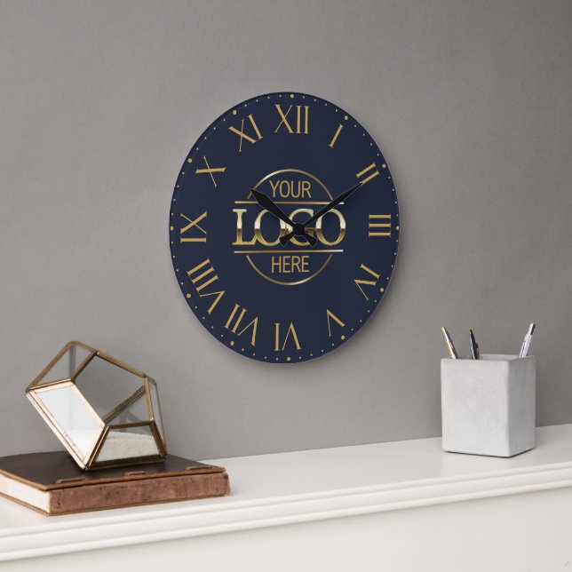 Modern Navy Blue Branded Company Business Logo Large Clock (Office)