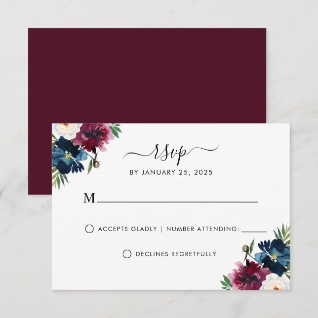 Modern Navy Blue Burgundy Elegant Floral Wedding R RSVP Card (Front/Back)