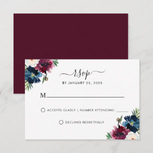 Modern Navy Blue Burgundy Elegant Floral Wedding R RSVP Card